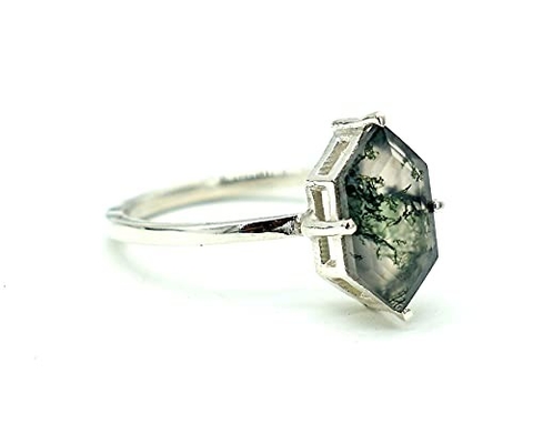 Hexagon Moss Agate Ring with  As Gift Engagement Women Ring