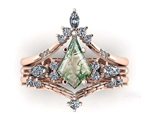 Gem's Beauty Christmas Gifts for Her 0.63CT Square Shape Natural Moss Agate There Stone Engagement Ring in 925 Sterling