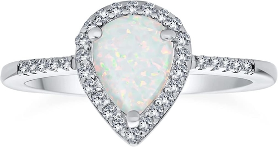 Petite Gemstone Micro Pave CZ Halo Created White Opal Ring Pear Shape Teardrop