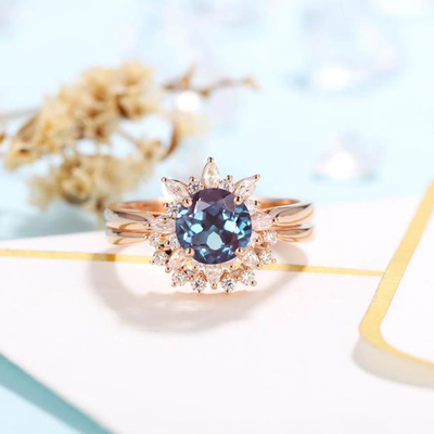 Wholesale 925 Sterling Silver Jewelry Synthetic Alexandrite Engagement Ring Lab Created Alexandrite Ring Set