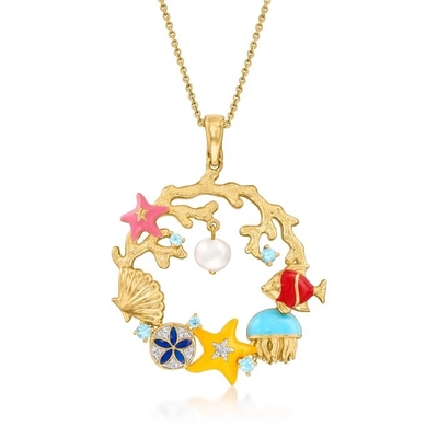 Cultured Pearl Multicolored Enamel Blue Topaz Sea Life Pendant Necklace with Diamond Accents