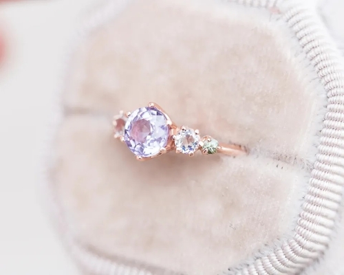 Natural Lavender Quartz Ring , 925 Sterling Silver Rose Gold Plated Five Stone Ring