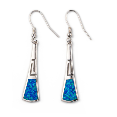 925 With Sterling Silver Blue Retro Opal Greek Meander Key Earrings  925 With Sterling Silver