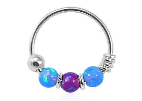 Dia 8mm Hoop Nose Piercing , White Gold Nose Ring With 3 Pieces Opal Stones ODM