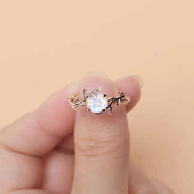 14K Rose Gold Moonstone Wedding Rings Leaf Flower Round Cut