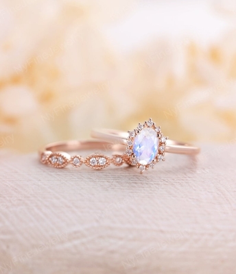 Blue Natural Moonstone Ring Set , 14K Rose Gold Moonstone Stacking Rings