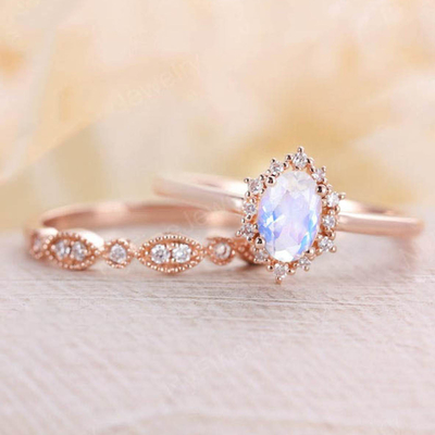 Blue Natural Moonstone Ring Set , 14K Rose Gold Moonstone Stacking Rings