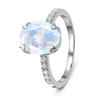 14K White Gold Oval Cut Moonstone Engagement Women Anniversary Ring With CZ Rings