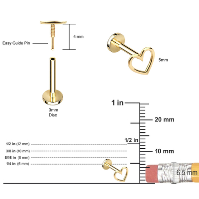 14K Gold Outlined Heart Ear Piercing Jewelry Threaded Flat Back Stud