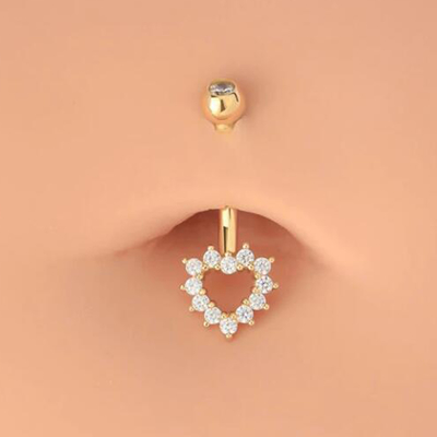 Hollow Heart CZ Belly Button Ring , 14K Gold Body Jewelry 14G Navel Ring