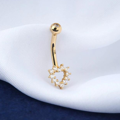Hollow Heart CZ Belly Button Ring , 14K Gold Body Jewelry 14G Navel Ring