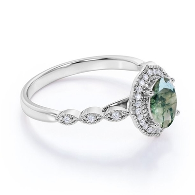 Prong Halo Oval Cut Milky White Dendritic Green  Agate  And Moissanite Miligreen  Antique Design  Engagement Ring