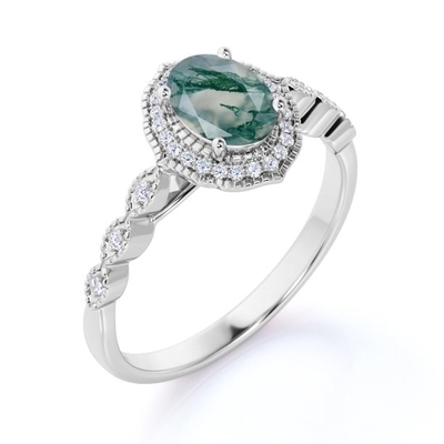 Prong Halo Oval Cut Milky White Dendritic Green  Agate  And Moissanite Miligreen  Antique Design  Engagement Ring