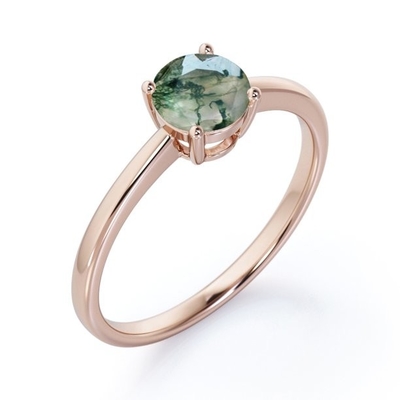 Mono Stone Cathedral Round Shape Natural Transparent Dendritic Moss Green Agate 4 Prong Set Engagement Ring