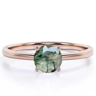 Mono Stone Cathedral Round Shape Natural Transparent Dendritic Moss Green Agate 4 Prong Set Engagement Ring