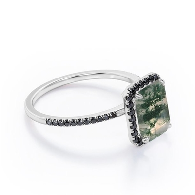 Halo-style Emerald Cut Moss Green  Agate With  Lab Created Engagement Ring With Pave Accents