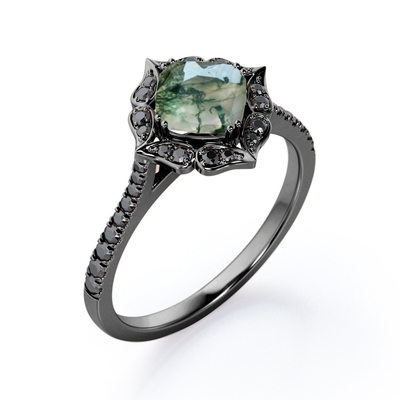 Botanical Design - 0.5 Carat  Pear Cut Druzy Scenic Moss Green  Agate - 4 Prong Engagement Ring