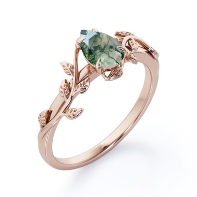 Botanical Design - 0.5 Carat  Pear Cut Druzy Scenic Moss Green  Agate - 4 Prong Engagement Ring