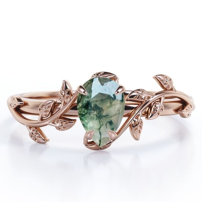 Botanical Design - 0.5 Carat  Pear Cut Druzy Scenic Moss Green  Agate - 4 Prong Engagement Ring