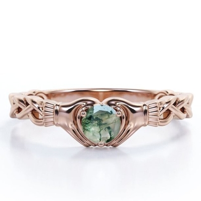 Round Brilliant Cut Clear Druzy Moss Green  Agate  -  Braided Engagement Ring