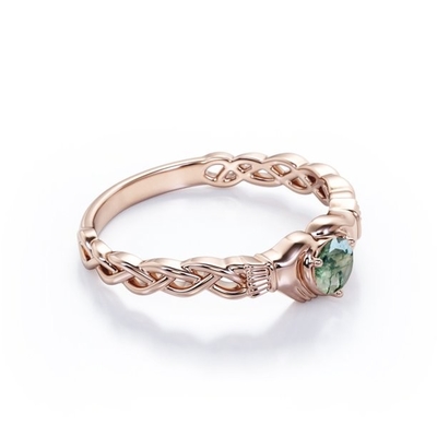 Round Brilliant Cut Clear Druzy Moss Green  Agate  -  Braided Engagement Ring