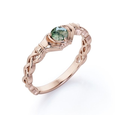 Round Brilliant Cut Clear Druzy Moss Green  Agate  -  Braided Engagement Ring