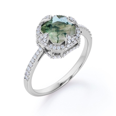 Halo Bezel Cluster  Asscher Cut Opaque Milky  Moss Green  Agate And Moissanite Pave Engagement Ring