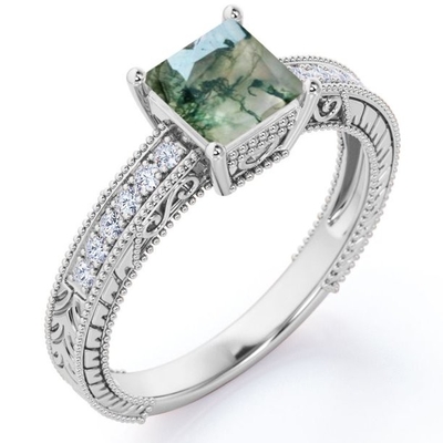 Princess Cut Natural  Druzy Moss Green Agate And Moissanite Milgrain Border Victorian  Pave Engagement Ring