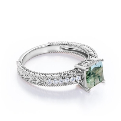 Princess Cut Natural  Druzy Moss Green Agate And Moissanite Milgrain Border Victorian  Pave Engagement Ring