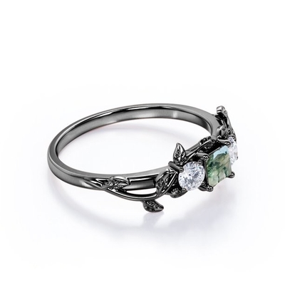 Branch Leaf Design Carat Princess Cut Milky White Moss Green Agate and Moissanite Plating over Silver