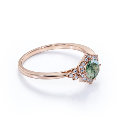 Vintage Design 4 Prong Round Shape Milky White Druzy Moss Green Agate And Moissanite Floral Cluster Engagement Ring