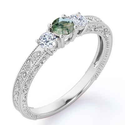 Round Brilliant Cut Natural Transparent Moss Green Agate and Moissanite - Carved Filigree Milgrain Engagement Ring