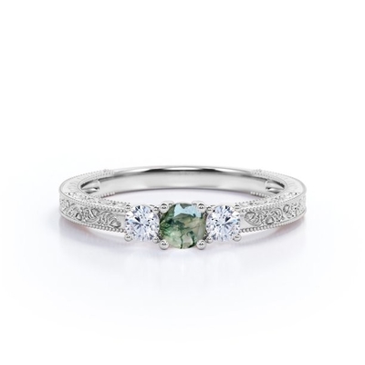 Round Brilliant Cut Natural Transparent Moss Green Agate and Moissanite - Carved Filigree Milgrain Engagement Ring