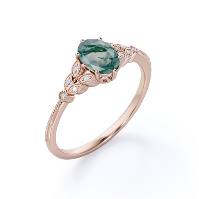 Marquise-shape Filigree Milgrain Ovate Natural Druzy Moss Green Agate And Moissanite Cluster 6 Prong Engagement Ring