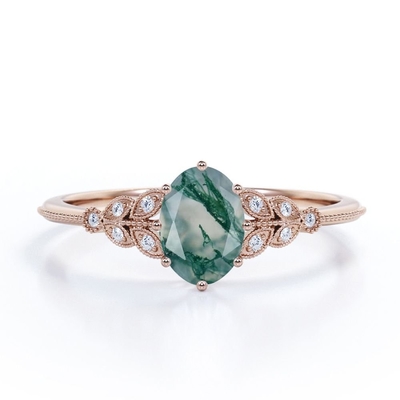Marquise-shape Filigree Milgrain Ovate Natural Druzy Moss Green Agate And Moissanite Cluster 6 Prong Engagement Ring