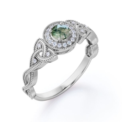 Art Deco Twisted Shank 0.58 Carat Round Cut Natural Transparent Moss Green Agate and Moissanite Milgrain Halo Engagement