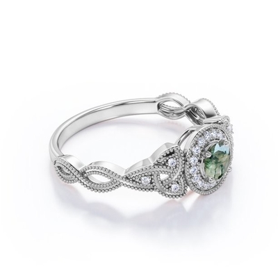Art Deco Twisted Shank 0.58 Carat Round Cut Natural Transparent Moss Green Agate and Moissanite Milgrain Halo Engagement