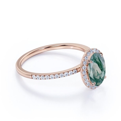 Ovate Natural Milky White Dendritic Moss Green Agate And Moissanite Pave Halo Engagement Ring