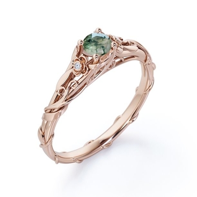 Past Present Future Floral Bezel 0.55 Carat Round Cut Natural Transparent Moss Green Agate and Moissanite Vine Engagemen