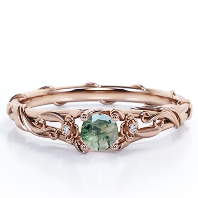 Past Present Future Floral Bezel 0.55 Carat Round Cut Natural Transparent Moss Green Agate and Moissanite Vine Engagemen