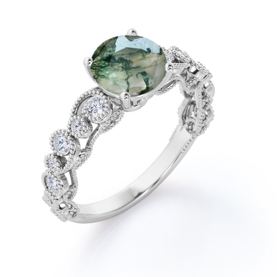 Milgrain Filigree Flush Round Genuine Druzy Moss Green Agate And Moissanite 4 Prong Antique Style Engagement Ring