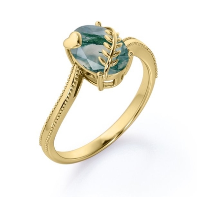 Leaf and Heart Prong 1 Carat Oval Cut Milky Dendritic Moss Green Agate Milgrain Edge Solitaire Engagement Ring in 18K Y