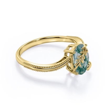 Leaf and Heart Prong 1 Carat Oval Cut Milky Dendritic Moss Green Agate Milgrain Edge Solitaire Engagement Ring in 18K Y