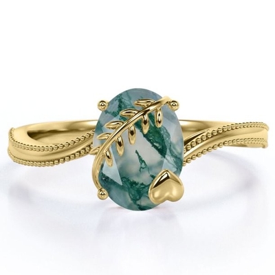 Leaf and Heart Prong 1 Carat Oval Cut Milky Dendritic Moss Green Agate Milgrain Edge Solitaire Engagement Ring in 18K Y