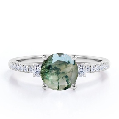 925 Sterling Silver Round Cut 7 MM Moss Agate Ring Personalized Promise Ring Abstract Ring for Women