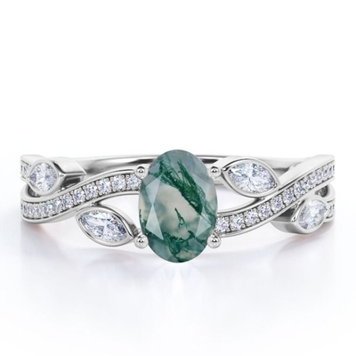 Crossover Over Shaped Opaque Milky Moss Green  Agate Engagement Ring In 18K Filigree Engagement Ring