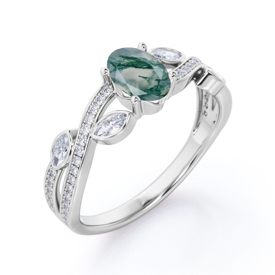 Classic 7 Stone 1.1 carat Oval Cut Moss Green Agate and Plain Shank Wedding Ring in White Gold