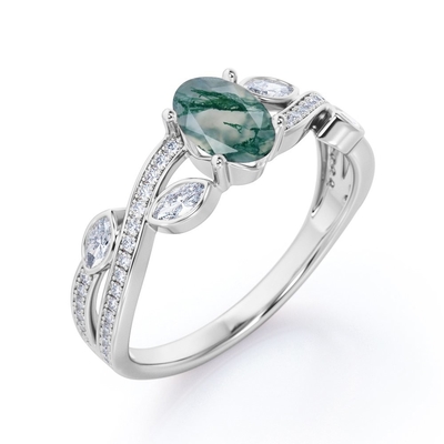 Crossover Over Shaped Opaque Milky Moss Green  Agate Engagement Ring In 18K Filigree Engagement Ring
