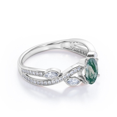 Crossover Over Shaped Opaque Milky Moss Green  Agate Engagement Ring In 18K Filigree Engagement Ring