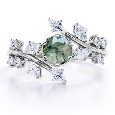 Branch Leaf Design 6 Prong Round Shaped Opaque Moss Green Agate And Moissanitet Ring
